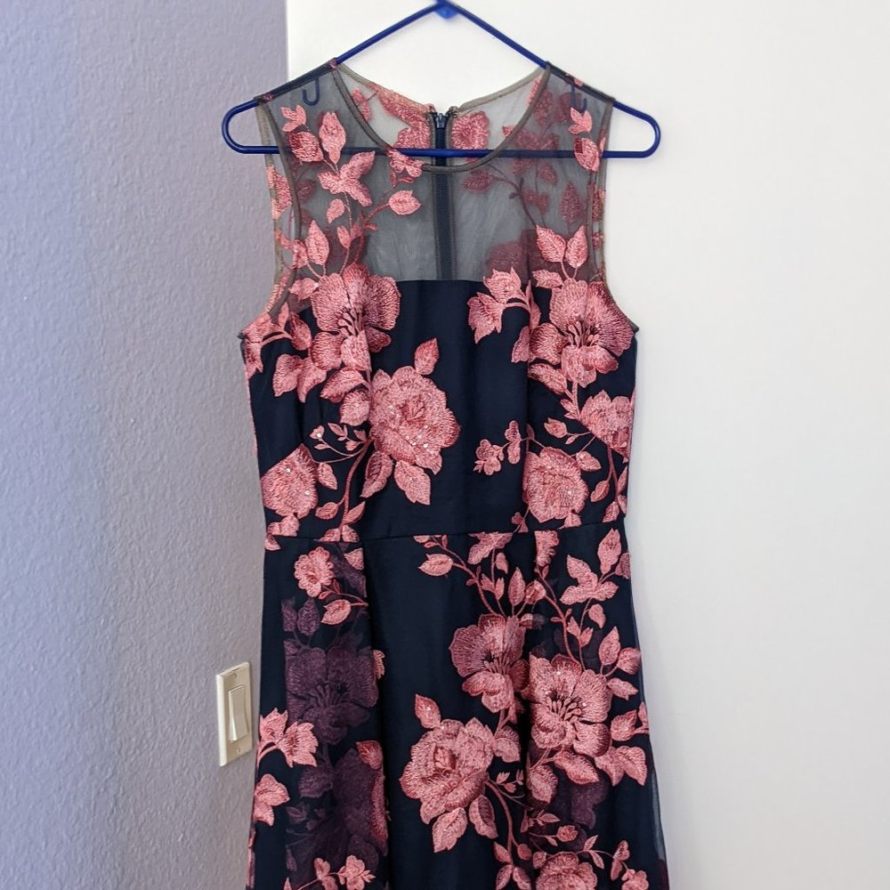 Mikael Aghal navy blue and pink knee length embroidered cocktail dress sz 10 - Picture 2 of 7